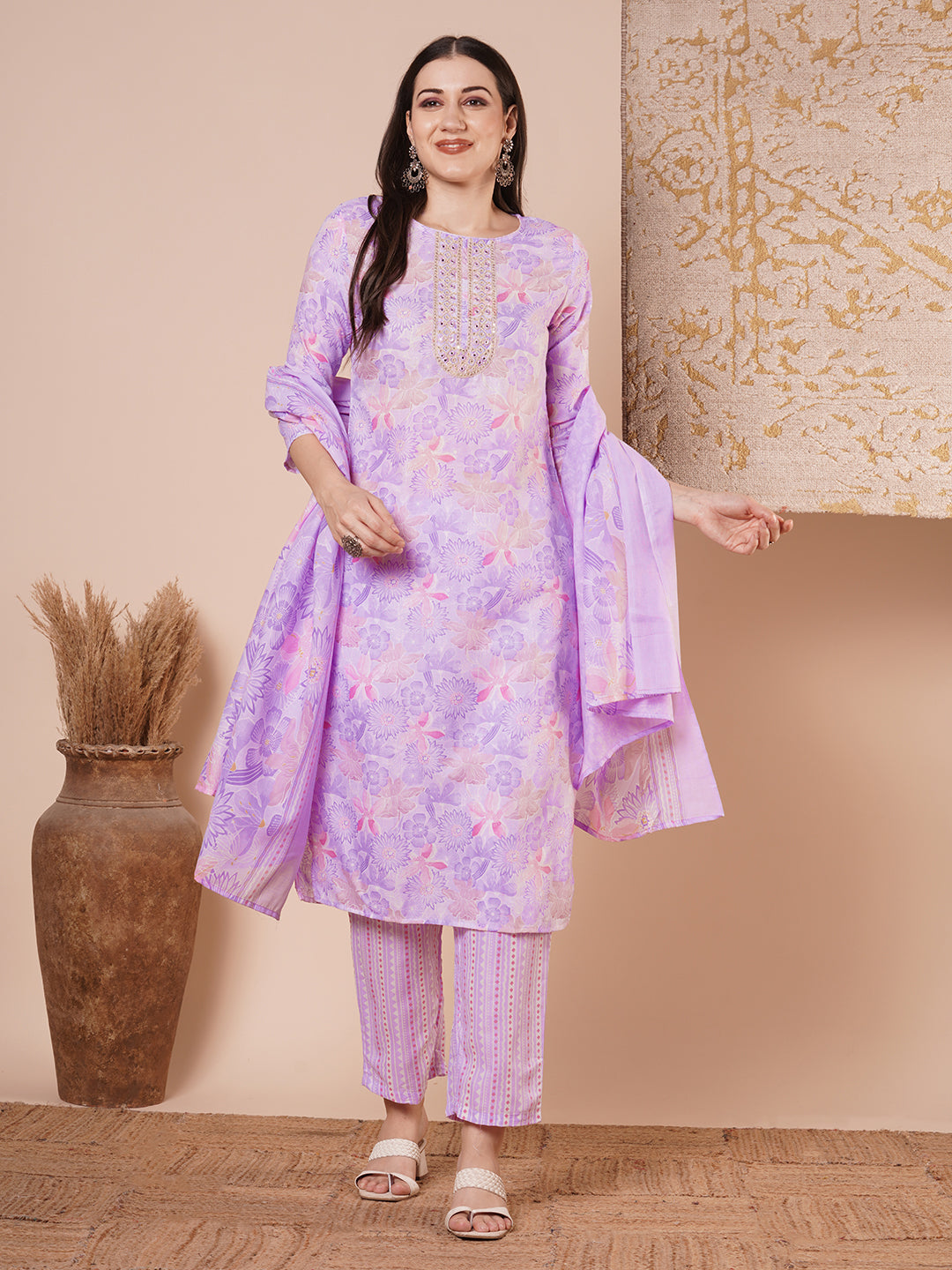 Abstract Floral Printed & Embroidered Straight Kurta with Pant & Dupatta - Purple