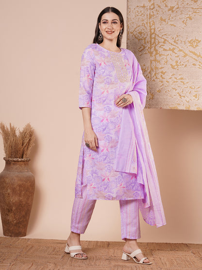 Abstract Floral Printed & Embroidered Straight Kurta with Pant & Dupatta - Purple