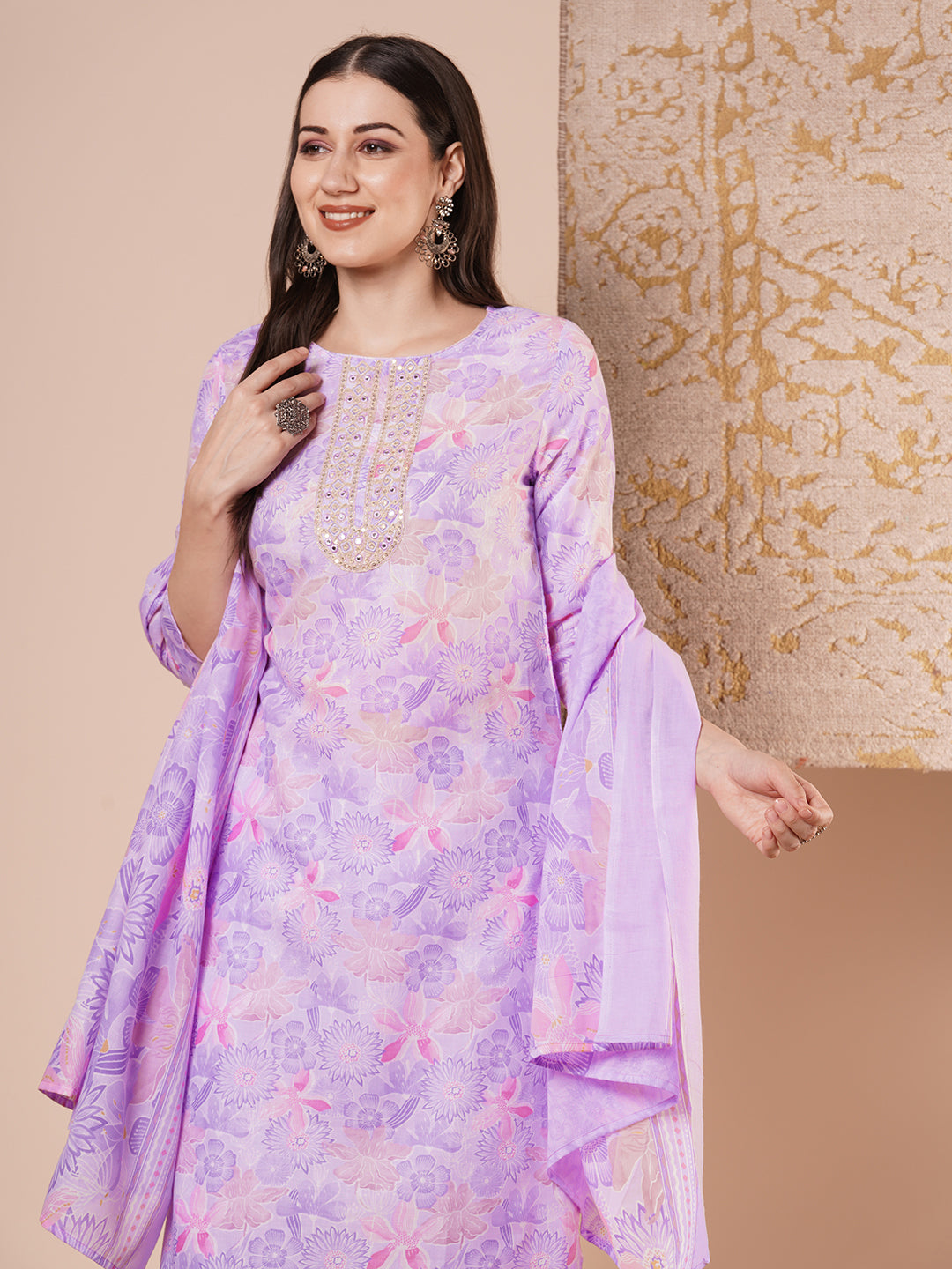 Abstract Floral Printed & Embroidered Straight Kurta with Pant & Dupatta - Purple