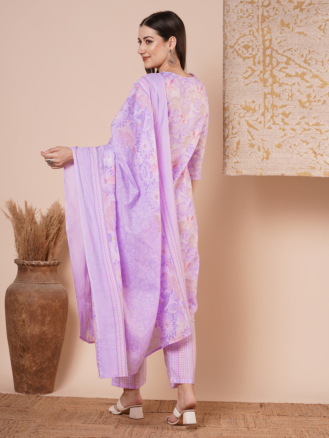 Abstract Floral Printed & Embroidered Straight Kurta with Pant & Dupatta - Purple