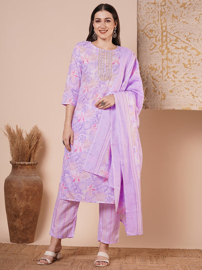 Abstract Floral Printed & Embroidered Straight Kurta with Pant & Dupatta - Purple