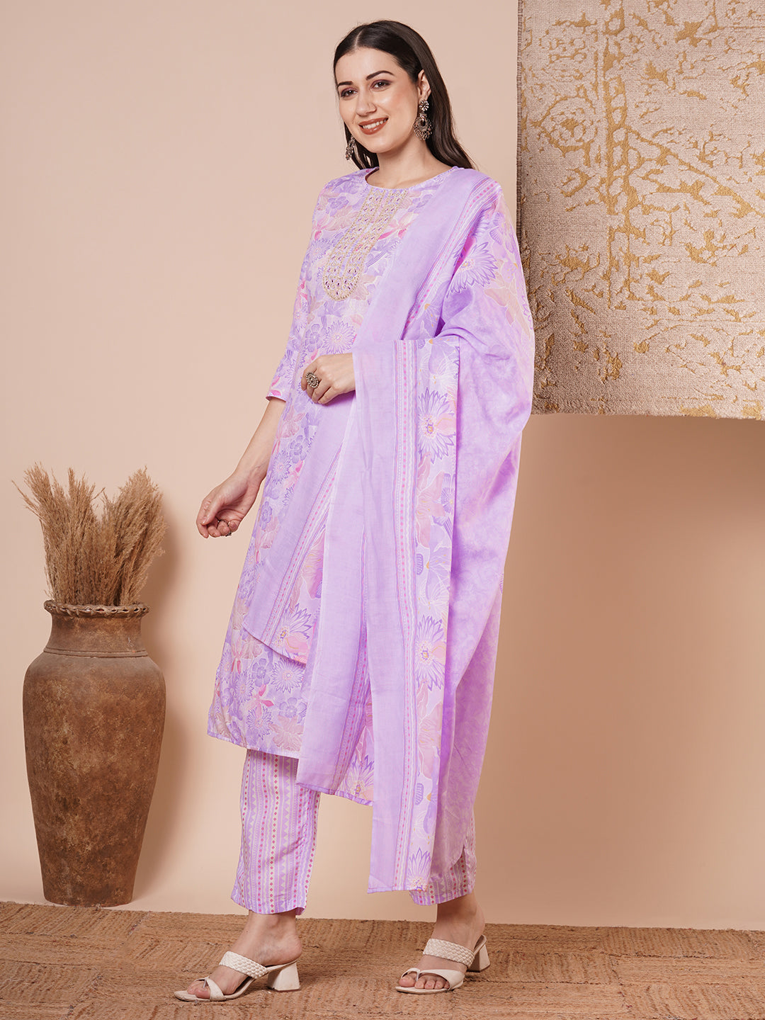 Abstract Floral Printed & Embroidered Straight Kurta with Pant & Dupatta - Purple