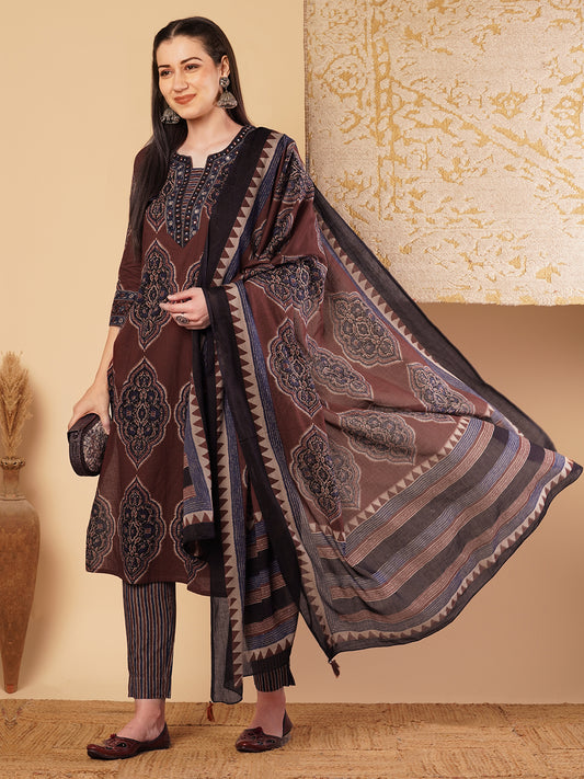 Ethnic Printed & Embroidered Straight Kurta with Pant & Dupatta - Brown