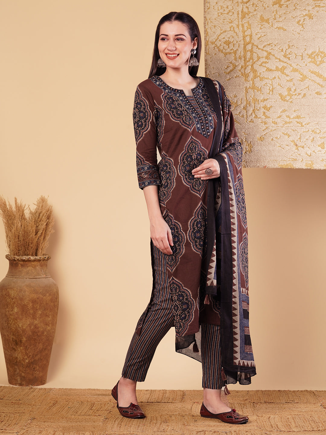 Ethnic Printed & Embroidered Straight Kurta with Pant & Dupatta - Brown