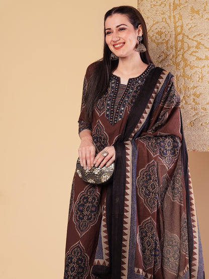 Ethnic Printed & Embroidered Straight Kurta with Pant & Dupatta - Brown