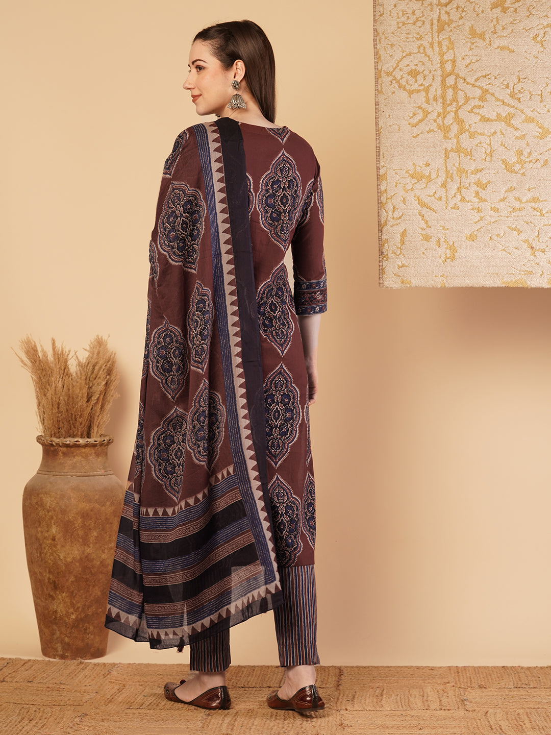 Ethnic Printed & Embroidered Straight Kurta with Pant & Dupatta - Brown