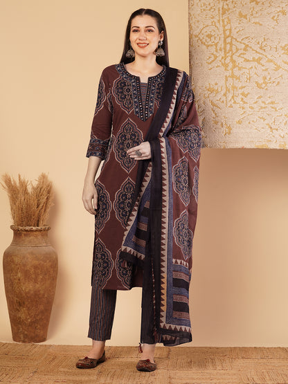 Ethnic Printed & Embroidered Straight Kurta with Pant & Dupatta - Brown