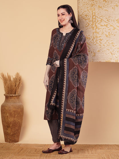 Ethnic Printed & Embroidered Straight Kurta with Pant & Dupatta - Brown