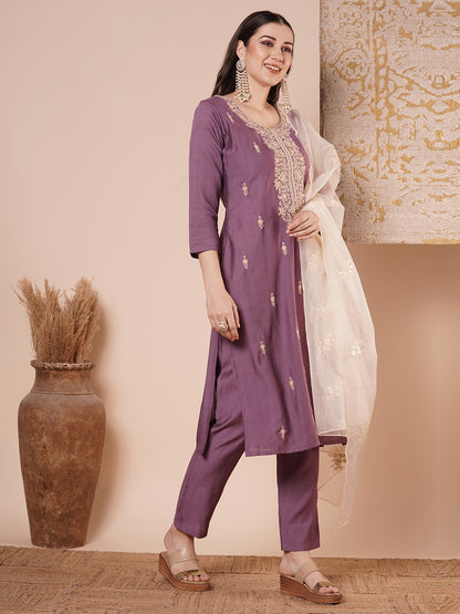 Solid Floral Embroidered Straight Kurta with Pant & Dupatta - Purple