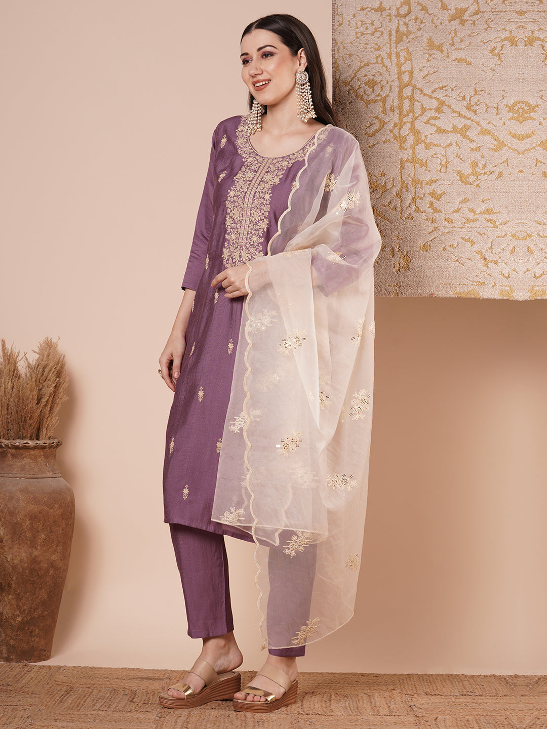 Solid Floral Embroidered Straight Kurta with Pant & Dupatta - Purple