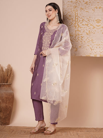 Solid Floral Embroidered Straight Kurta with Pant & Dupatta - Purple