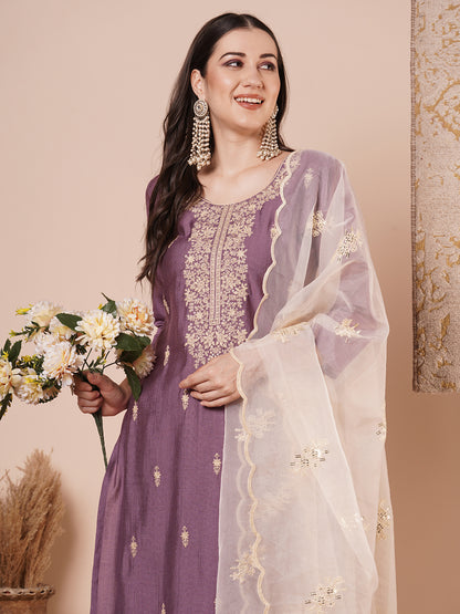 Solid Floral Embroidered Straight Kurta with Pant & Dupatta - Purple