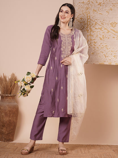 Solid Floral Embroidered Straight Kurta with Pant & Dupatta - Purple