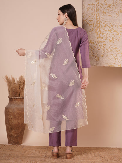 Solid Floral Embroidered Straight Kurta with Pant & Dupatta - Purple