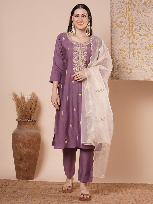 Solid Floral Embroidered Straight Kurta with Pant & Dupatta - Purple