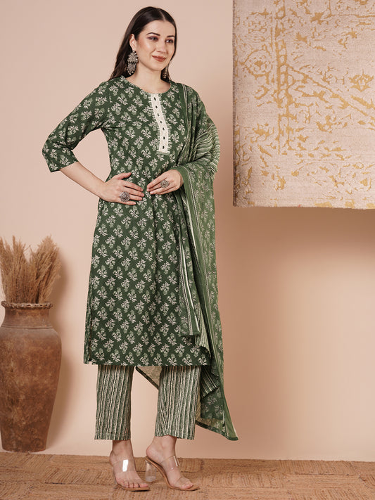 Ethnic & Floral Printed & Embroidered Straight Kurta with Pant & Dupatta - Green