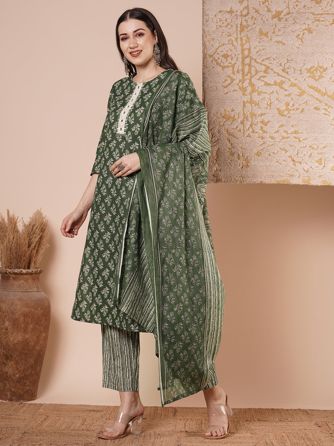 Ethnic & Floral Printed & Embroidered Straight Kurta with Pant & Dupatta - Green