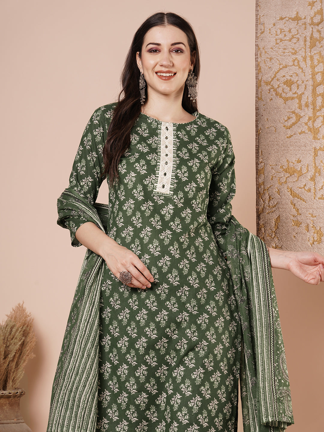 Ethnic & Floral Printed & Embroidered Straight Kurta with Pant & Dupatta - Green