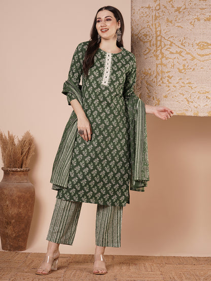 Ethnic & Floral Printed & Embroidered Straight Kurta with Pant & Dupatta - Green