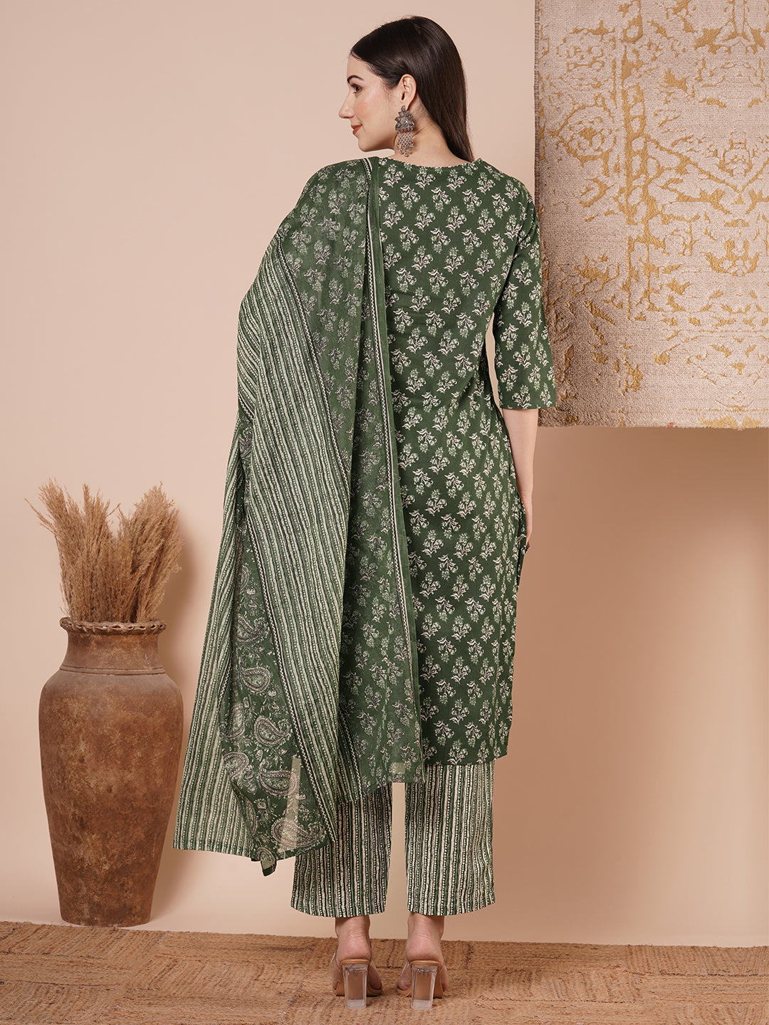 Ethnic & Floral Printed & Embroidered Straight Kurta with Pant & Dupatta - Green