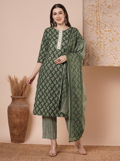 Ethnic & Floral Printed & Embroidered Straight Kurta with Pant & Dupatta - Green