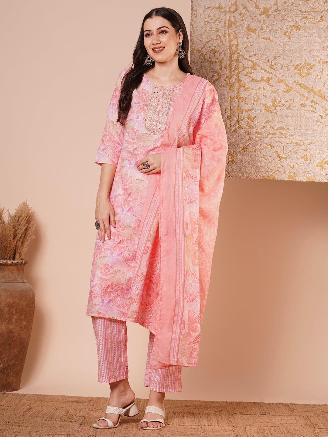 Abstract Floral Printed & Embroidered Straight Kurta with Pant & Dupatta - Pink