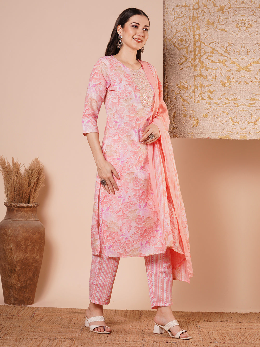 Abstract Floral Printed & Embroidered Straight Kurta with Pant & Dupatta - Pink