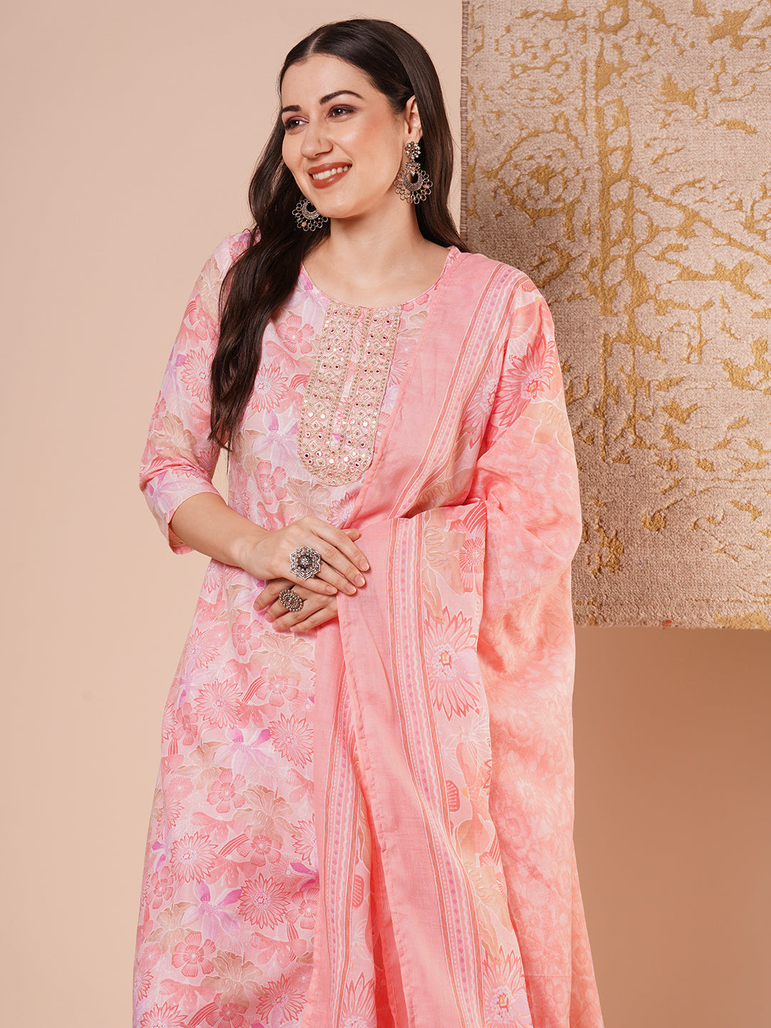 Abstract Floral Printed & Embroidered Straight Kurta with Pant & Dupatta - Pink