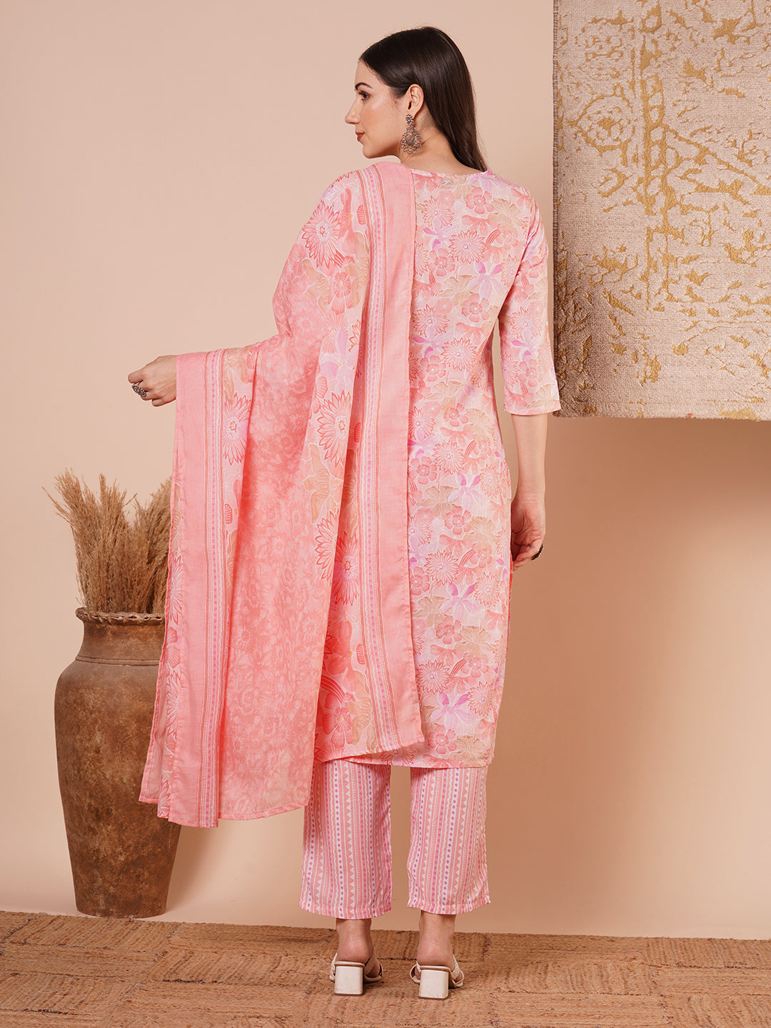 Abstract Floral Printed & Embroidered Straight Kurta with Pant & Dupatta - Pink