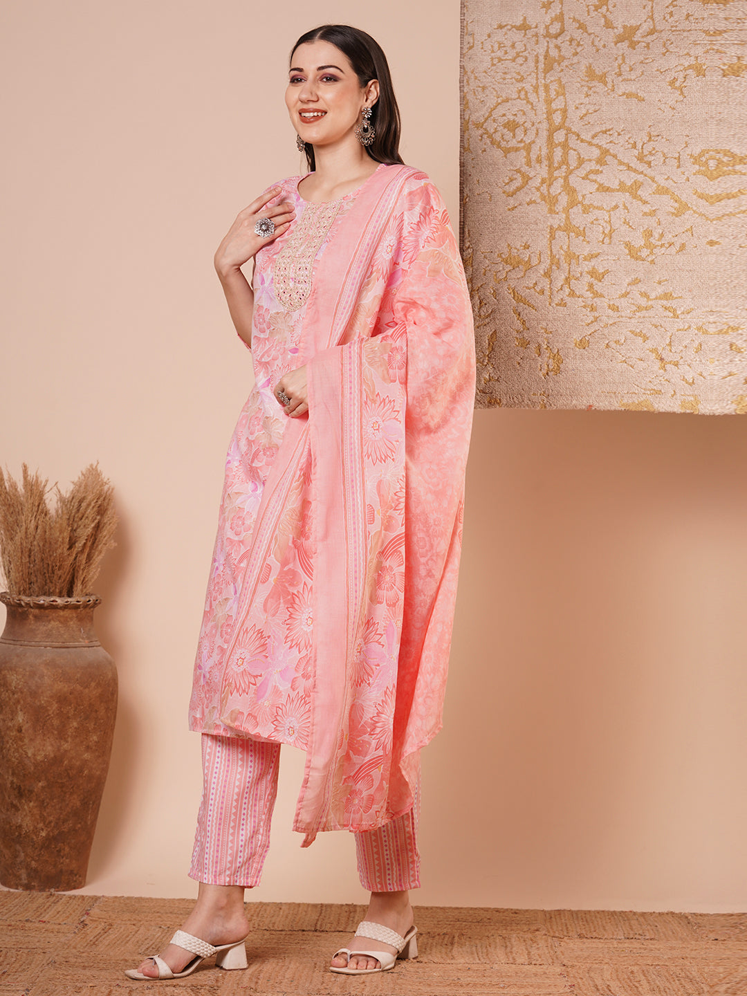 Abstract Floral Printed & Embroidered Straight Kurta with Pant & Dupatta - Pink