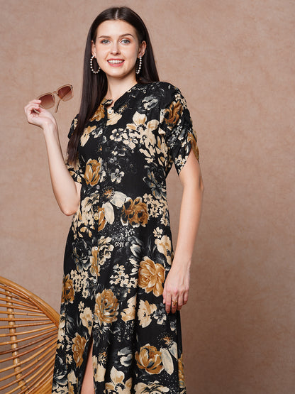 Floral Printed A-Line Flared Midi Dress - Black