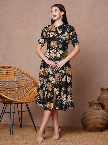 Floral Printed A-Line Flared Midi Dress - Black