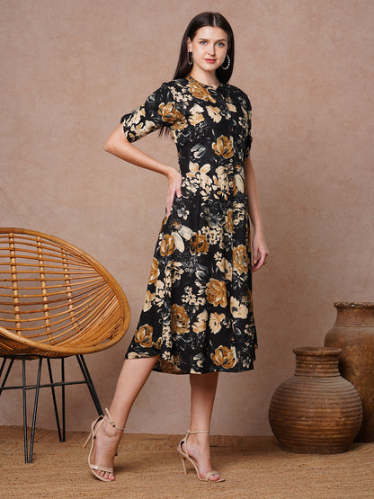 Floral Printed A-Line Flared Midi Dress - Black