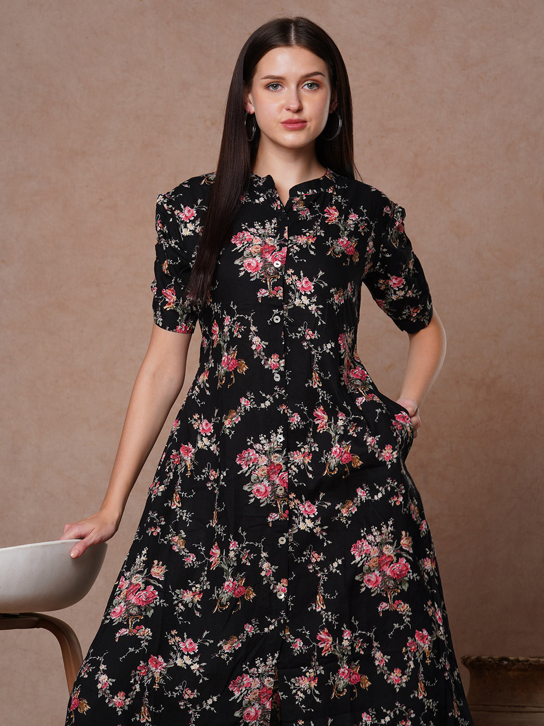 Floral Printed A-Line Flared Midi Dress - Black