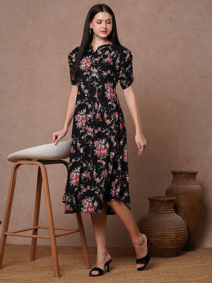 Floral Printed A-Line Flared Midi Dress - Black