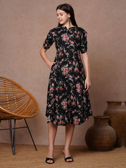 Floral Printed A-Line Flared Midi Dress - Black