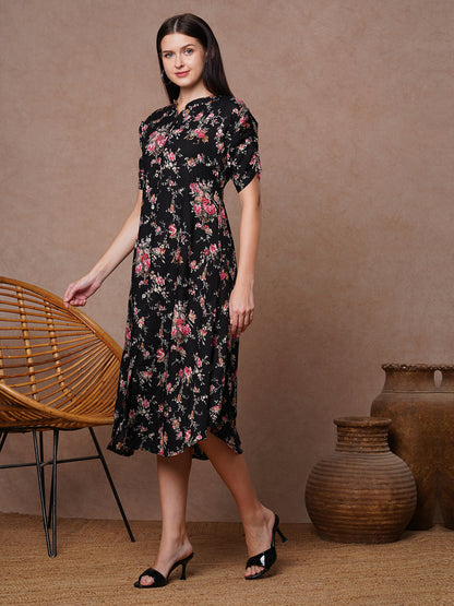 Floral Printed A-Line Flared Midi Dress - Black