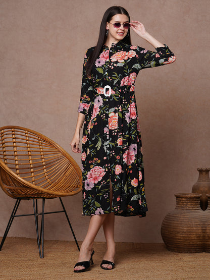 Floral Printed A-Line Flared Midi Dress - Black