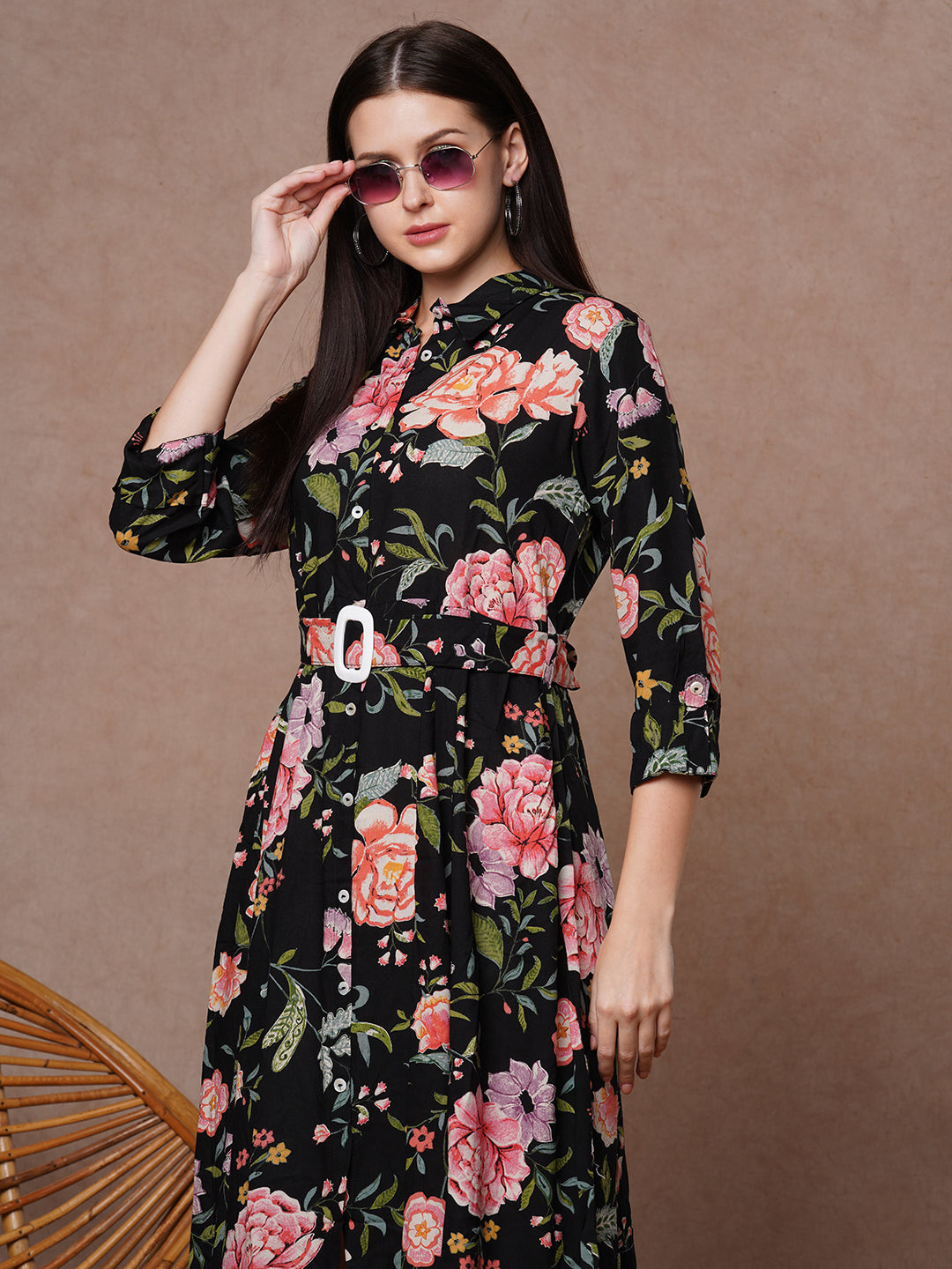 Floral Printed A-Line Flared Midi Dress - Black