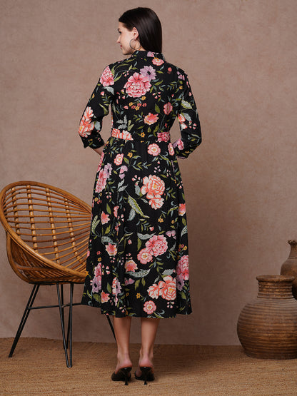 Floral Printed A-Line Flared Midi Dress - Black