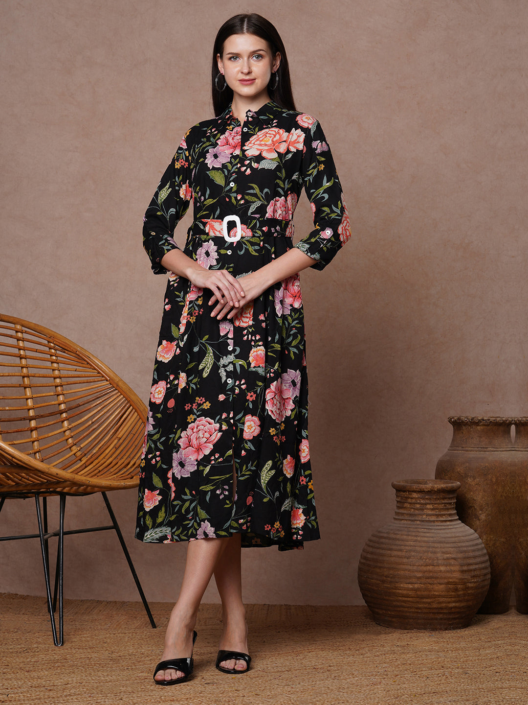 Floral Printed A-Line Flared Midi Dress - Black