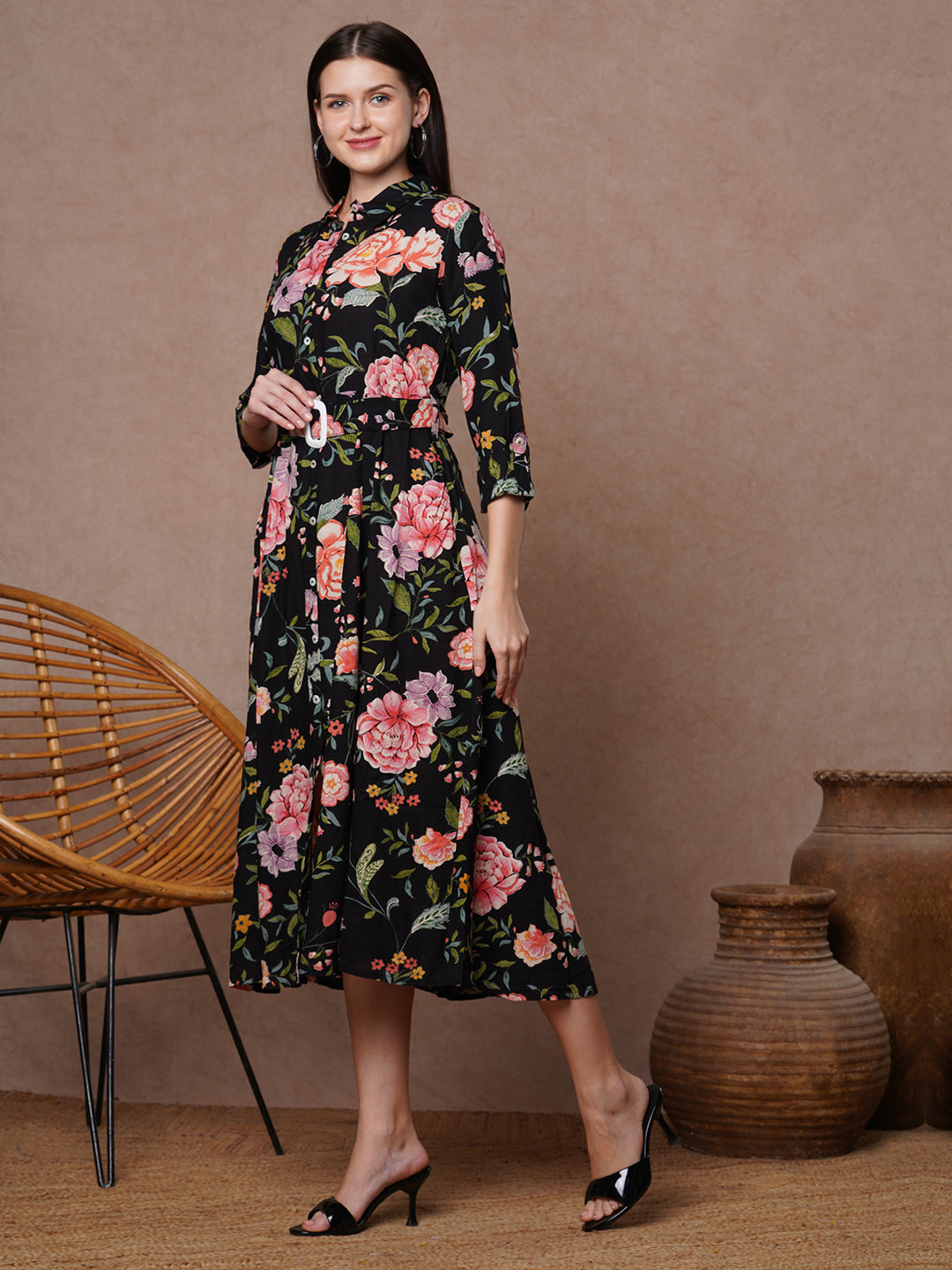 Floral Printed A-Line Flared Midi Dress - Black