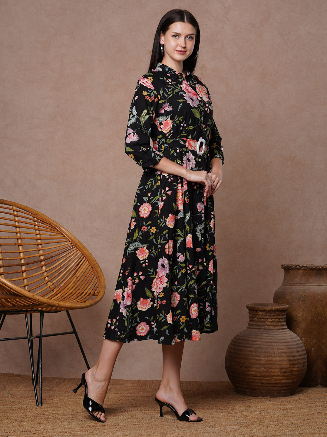 Floral Printed A-Line Flared Midi Dress - Black