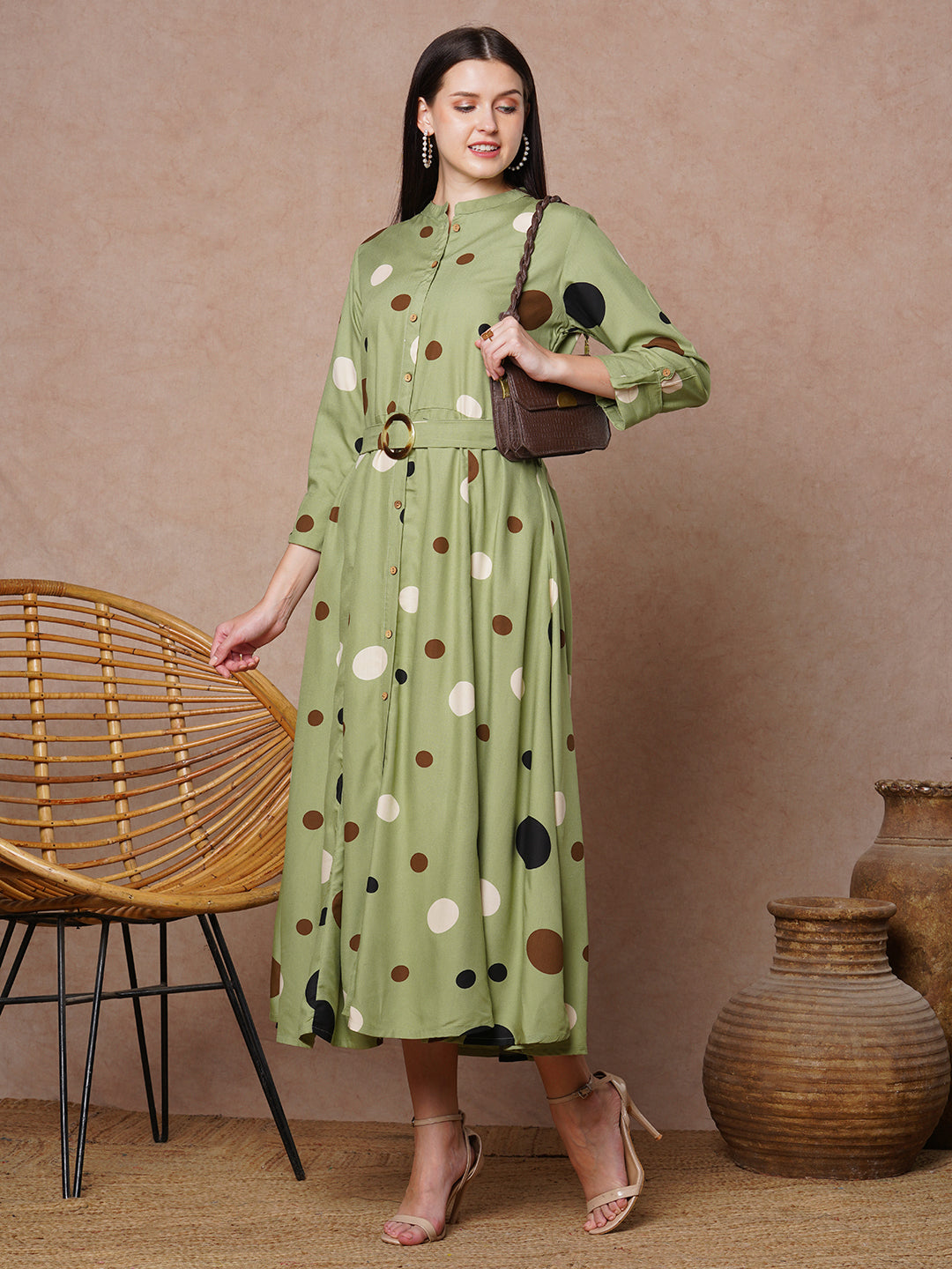 Polka Dot Printed A-Line Paneled Maxi Flared Dress - Green