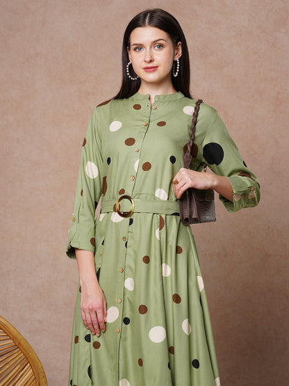 Polka Dot Printed A-Line Paneled Maxi Flared Dress - Green