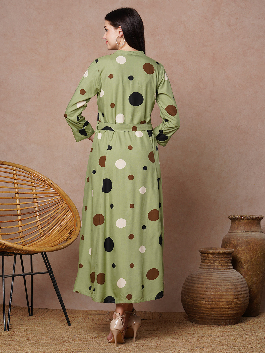 Polka Dot Printed A-Line Paneled Maxi Flared Dress - Green