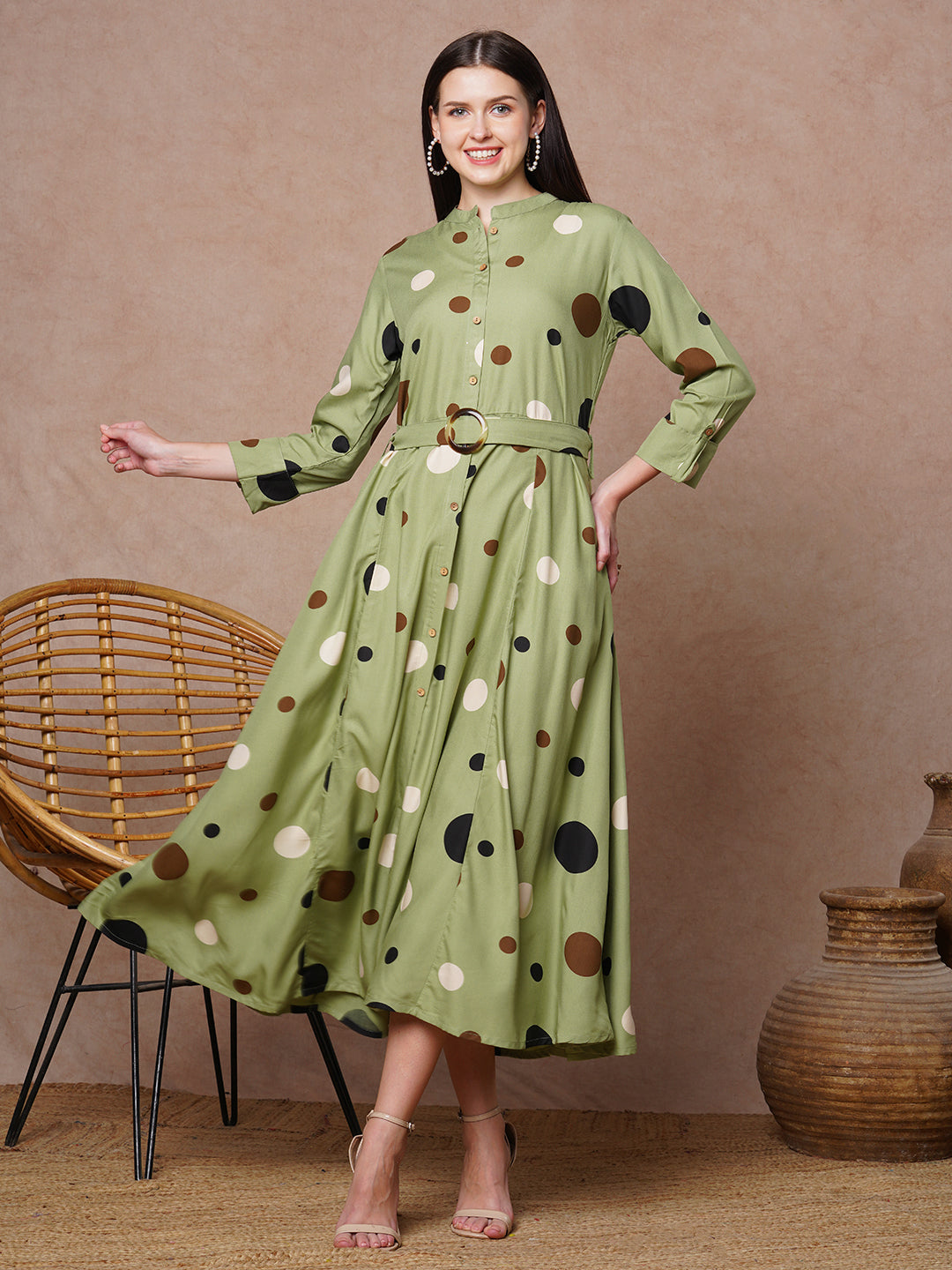 Polka Dot Printed A-Line Paneled Maxi Flared Dress - Green