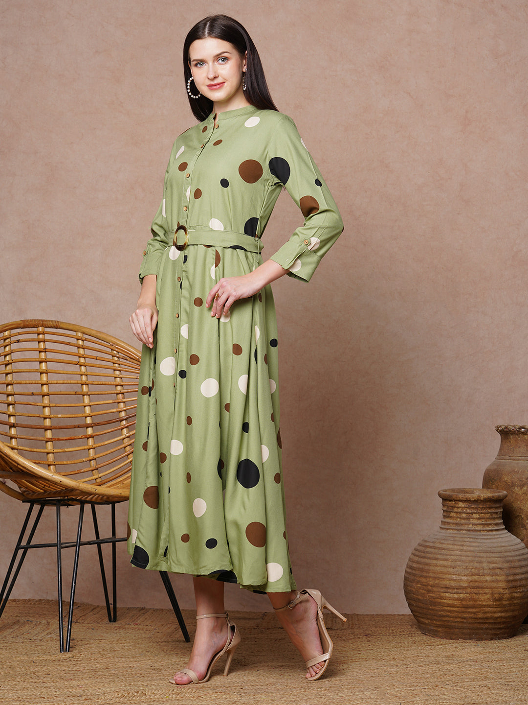 Polka Dot Printed A-Line Paneled Maxi Flared Dress - Green