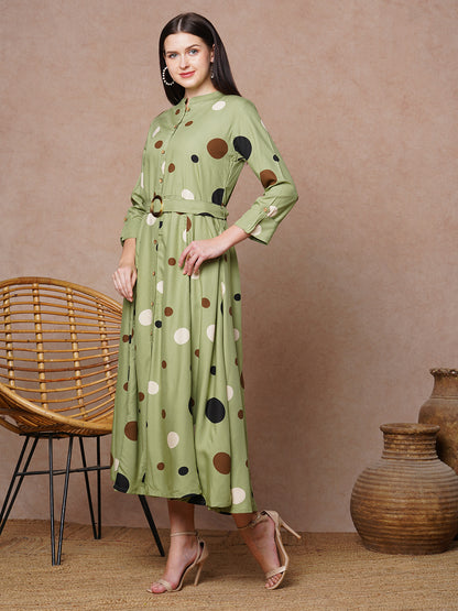 Polka Dot Printed A-Line Paneled Maxi Flared Dress - Green