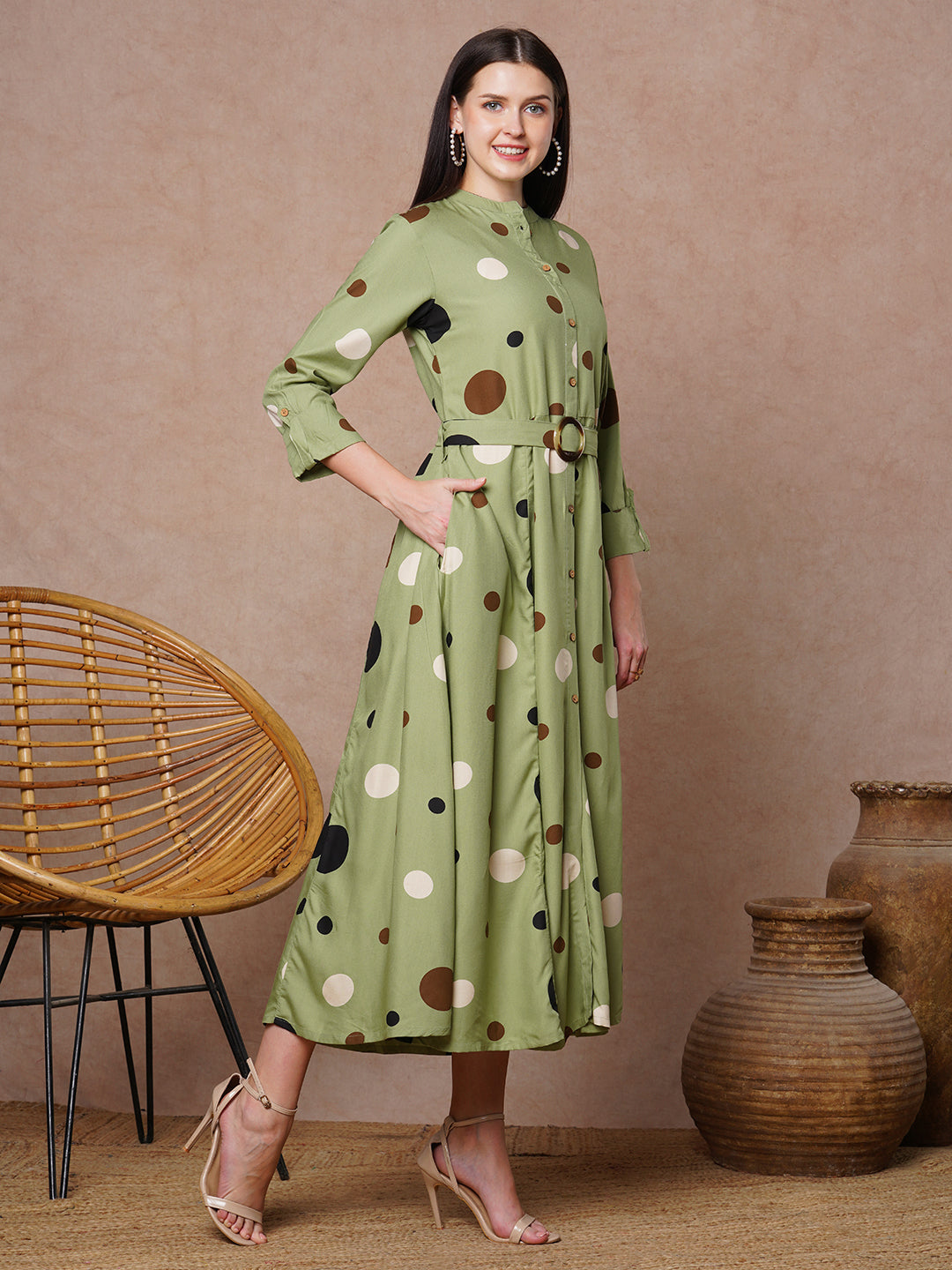 Polka Dot Printed A-Line Paneled Maxi Flared Dress - Green